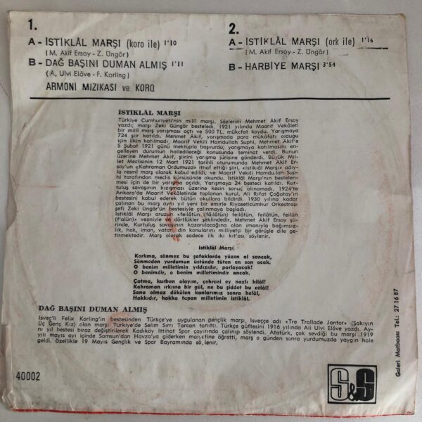 Armoni Mızıkası Ve Koro İstiklal marşı Dağ Başını Duman Almış Kapak - Görsel 3